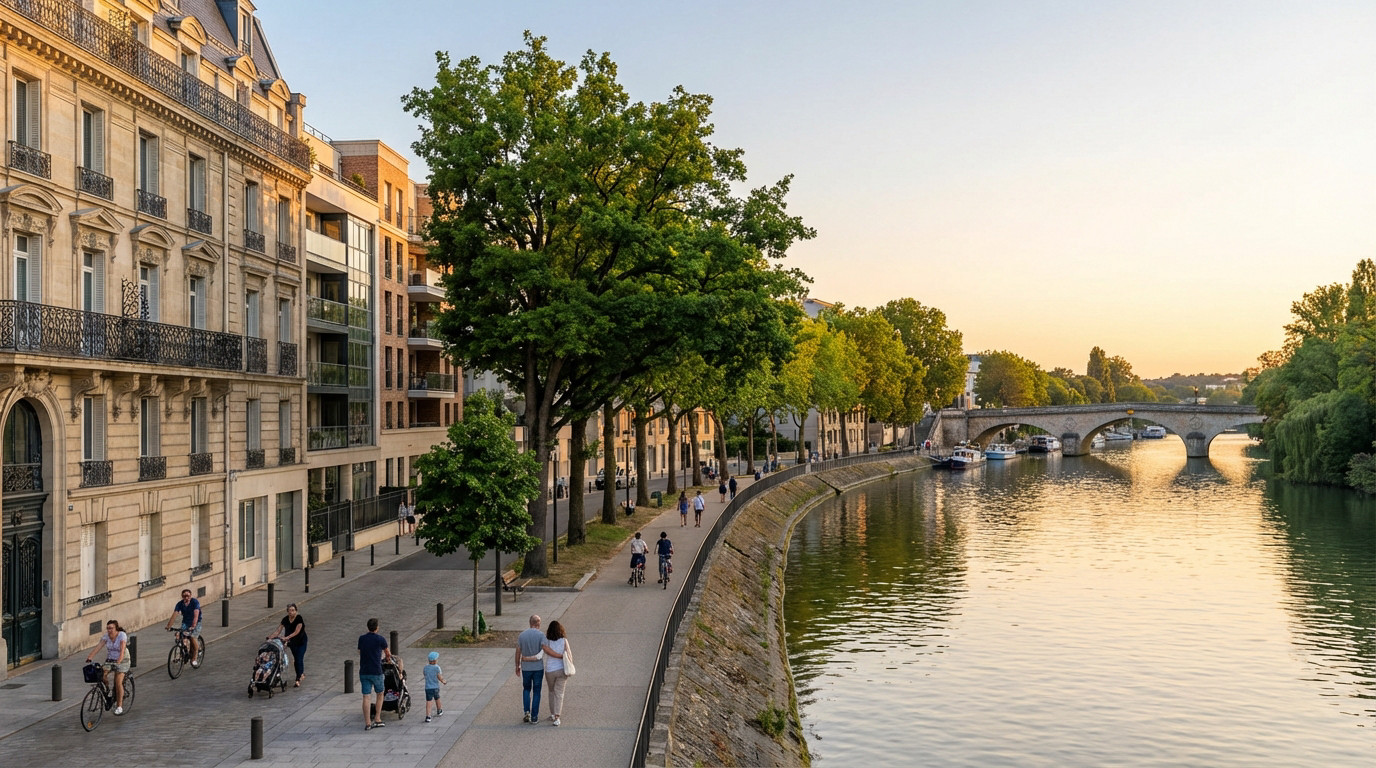 Le Perreux-sur-Marne riverside at golden hour. People stroll & cycle past Haussmannian buildings, lush trees, and a bridge over the Marne.