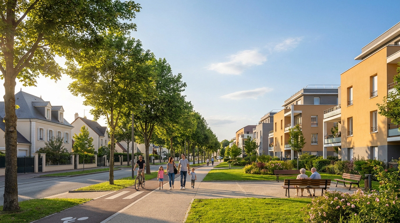 Golden hour in a tree-lined French suburban neighborhood. People walk, cycle, and relax on benches amidst modern and classic homes.