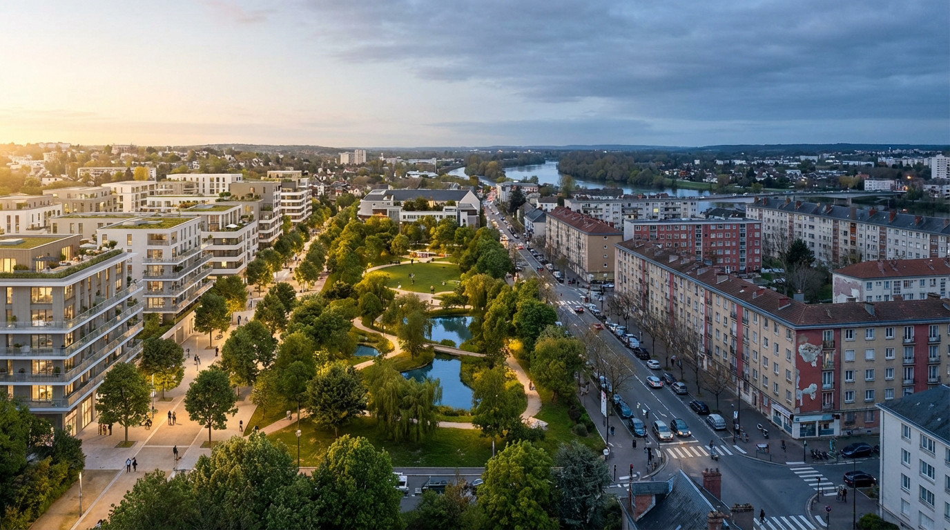 Elevated view of Joué-lès-Tours. Modern buildings in warm light, older blocks in cool light, divided by a park and river.