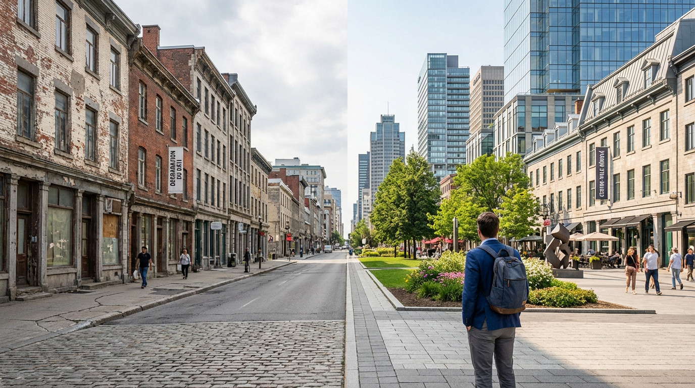 Photographie grand-angle d'une rue urbaine divisée. À gauche, bâtiments anciens dégradés. À droite, quartier moderne rénové avec verdure. Un homme regarde le côté moderne.