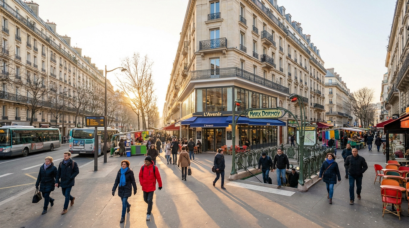 Bustling Marx Dormoy street in Paris. Haussmannian buildings, metro entrance, buses, and diverse pedestrians under warm, late afternoon sun.