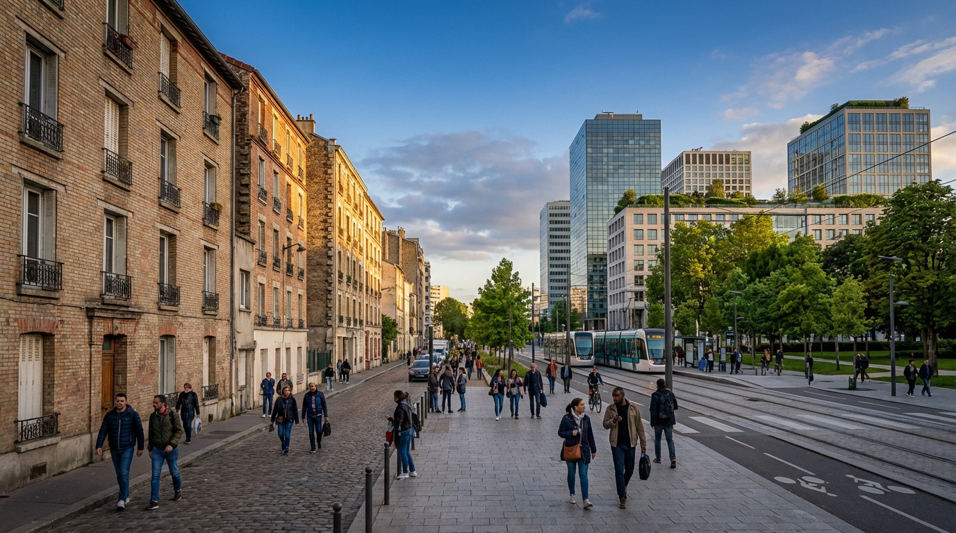 Nanterre street at late afternoon, transitioning from old brick buildings to modern glass architecture, with people and trams.