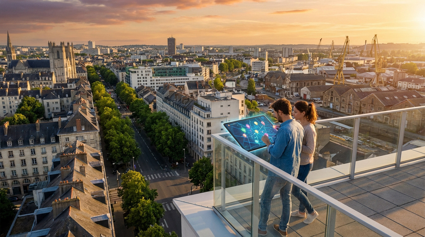 A couple on a high-rise balcony viewing a digital map of Nantes cityscape at sunset, showing diverse urban areas.