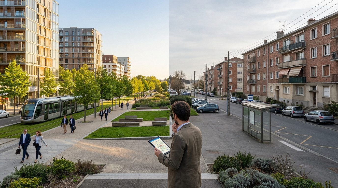 Man with tablet views Saint-Herblain's urban split: modern buildings, tram, green space on left; older residential, bus stop on right.