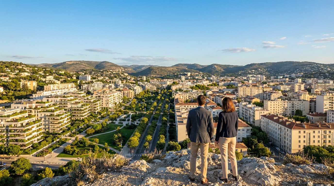Two people view a sunlit city from a high point, showing modern green buildings on the left and older districts on the right, symbolizing urban investment decisions.