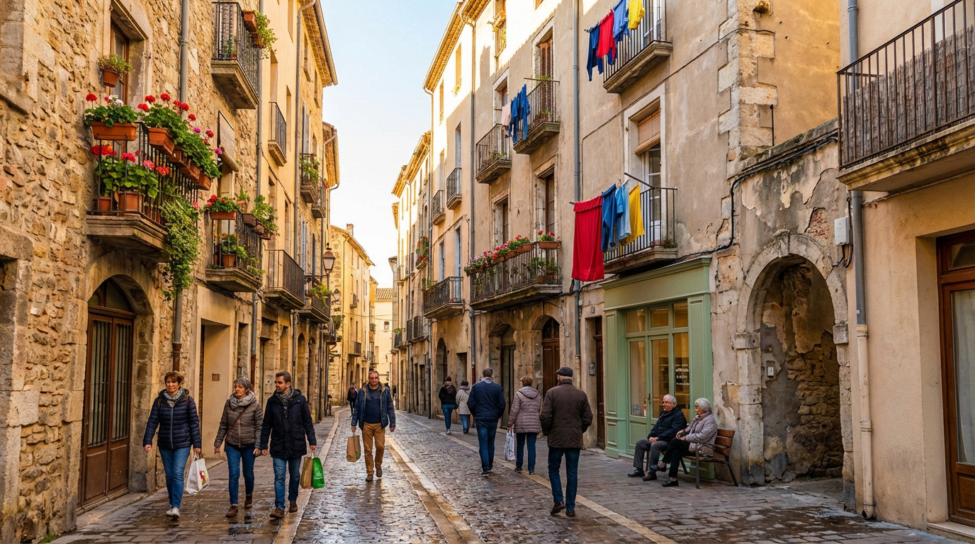 Vibrant, narrow cobblestone street in Perpignan with old buildings, colorful laundry, potted plants, and people. Warm afternoon light.