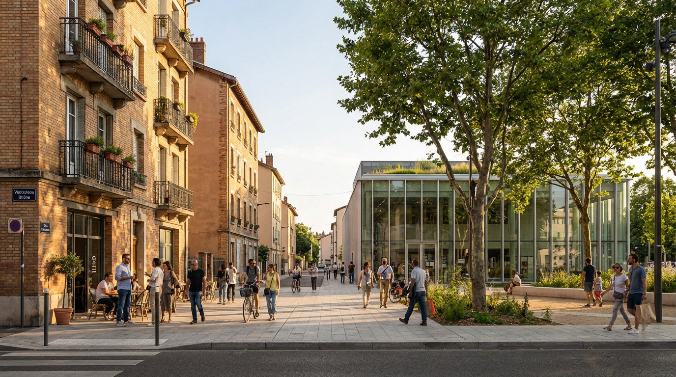 Wide-angle shot of a Vénissieux street at late afternoon. Old brick buildings face a modern glass structure with a green roof. People walk on a clean sidewalk, bathed in warm sunset light and long shadows.