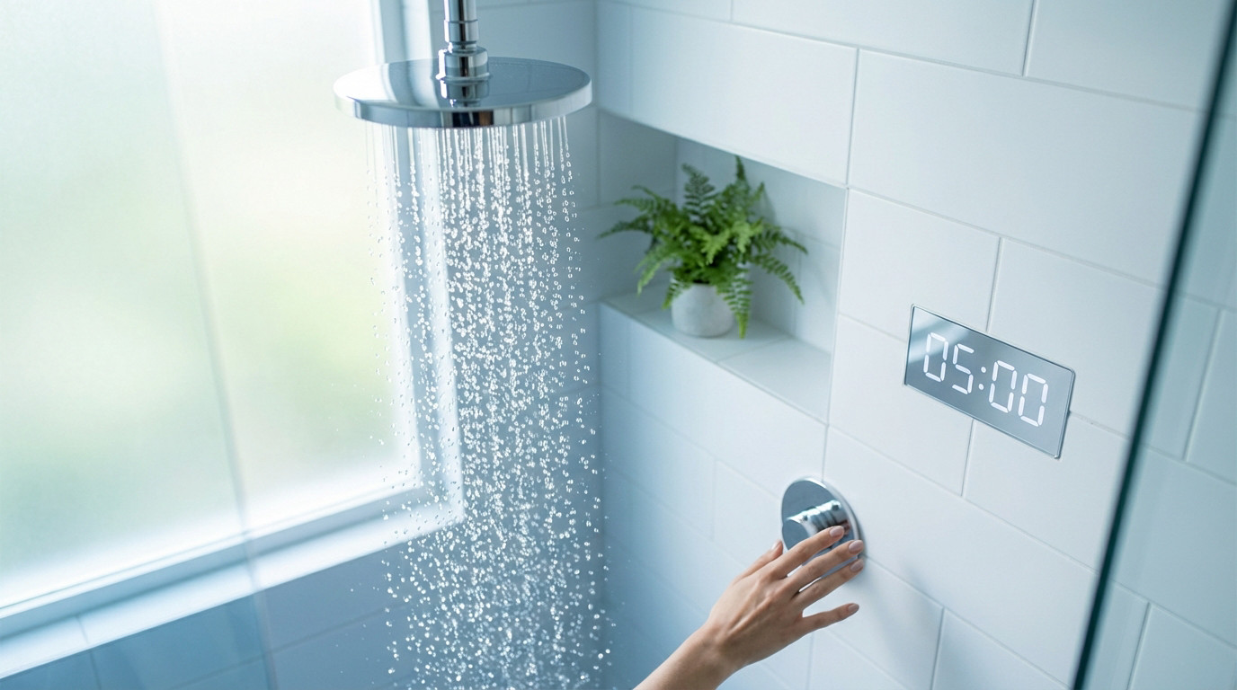 Modern shower with flowing water, a hand on chrome controls, and a digital timer showing "05:00" on a tiled wall, promoting water saving.