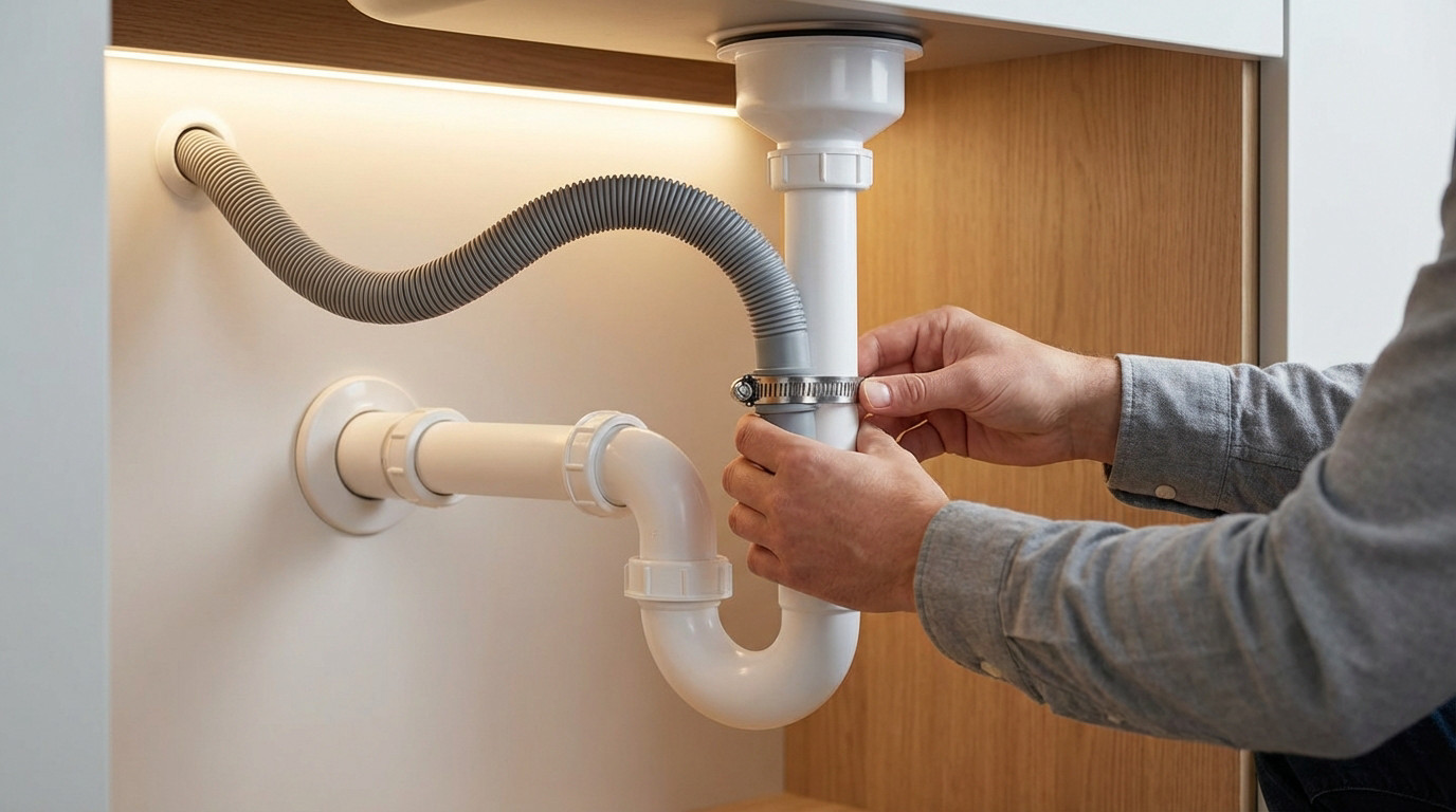 Hands securing a grey dishwasher drain hose to a white PVC P-trap siphon under a kitchen sink, illustrating proper plumbing installation.