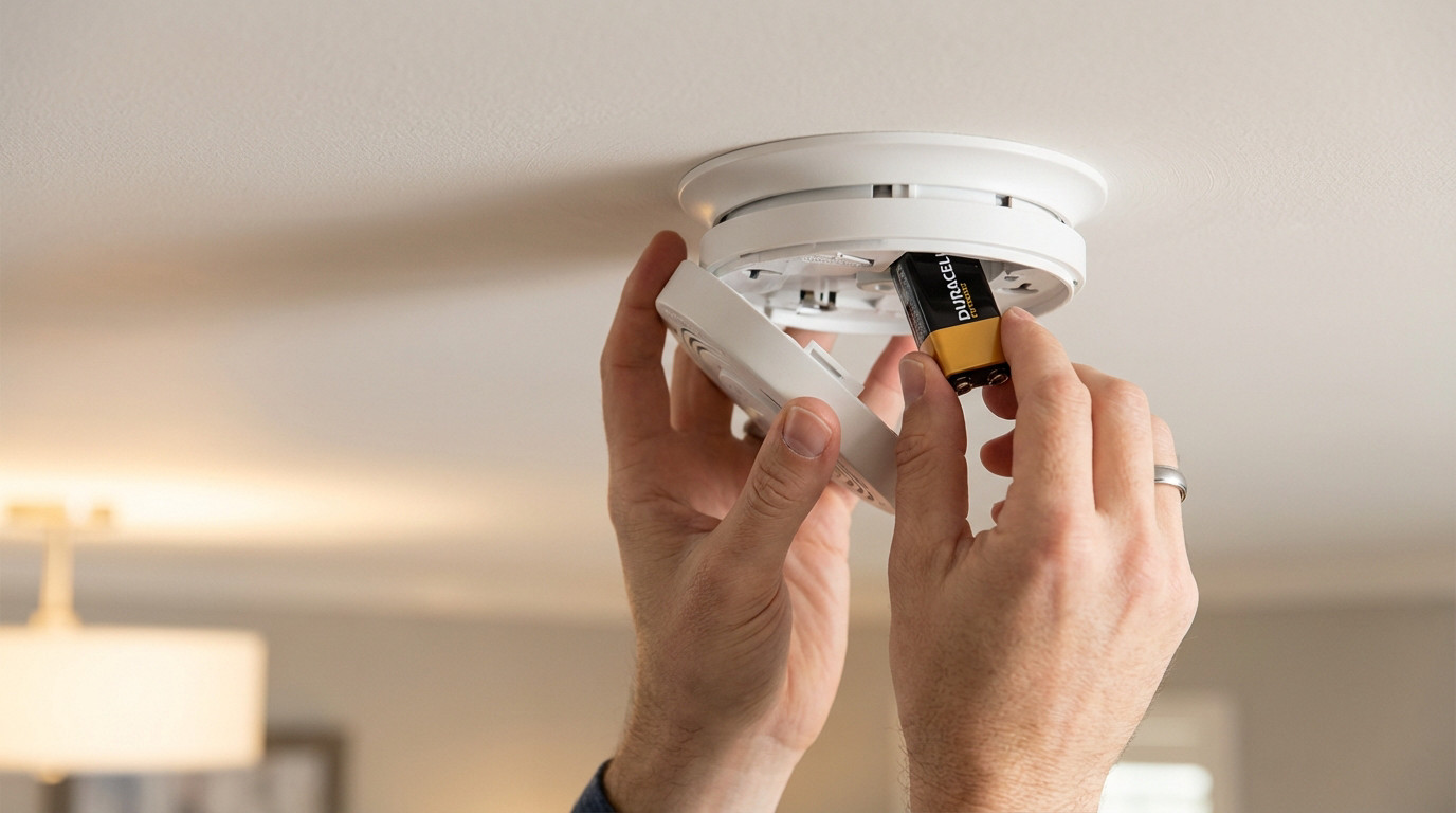 Close-up of hands inserting a new 9V battery into a white ceiling smoke detector, emphasizing home safety and maintenance.