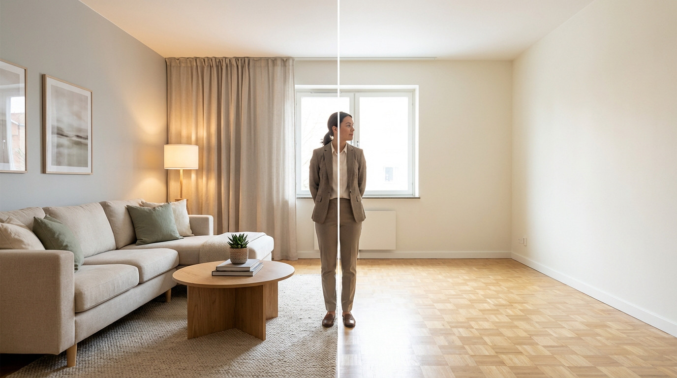 Woman deciding between a furnished living room (left) and an empty room (right), split vertically.