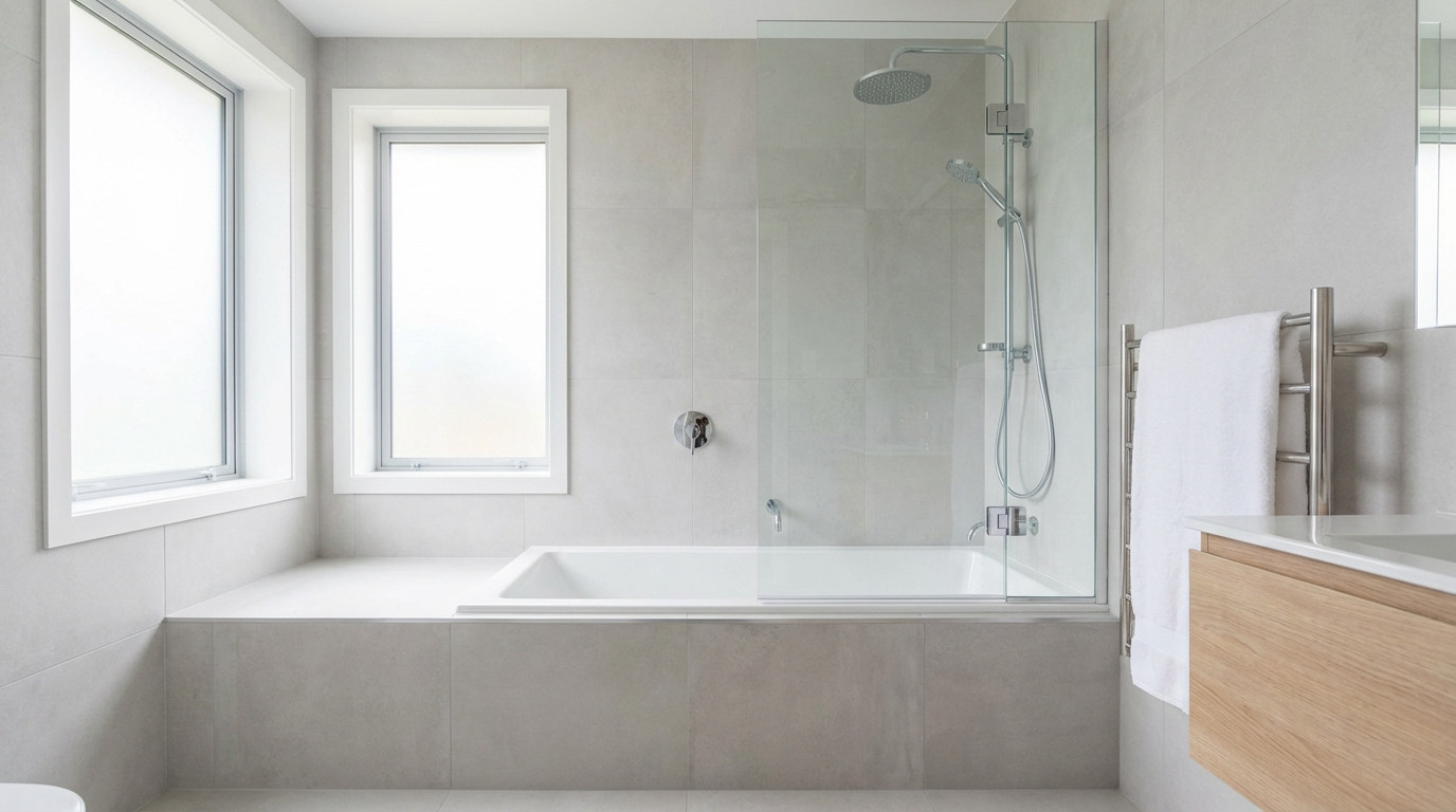 A modern, minimalist bathroom with light grey tiles, featuring a sleek integrated shower-bathtub combo with a glass partition and natural light.