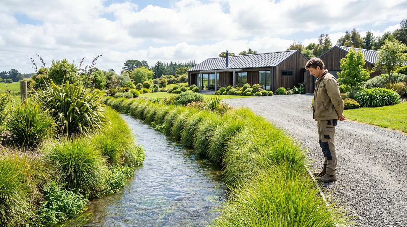 A man observes a clear, flowing ditch with lush green banks leading to a modern house in a bright, serene rural landscape.
