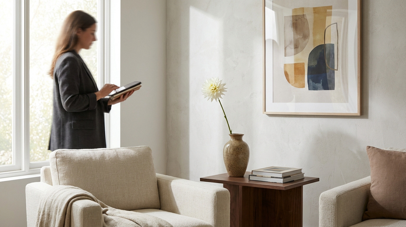 A woman reviews a modern living room with neutral armchairs, a wooden side table with a dahlia, and abstract art, lit by natural light.