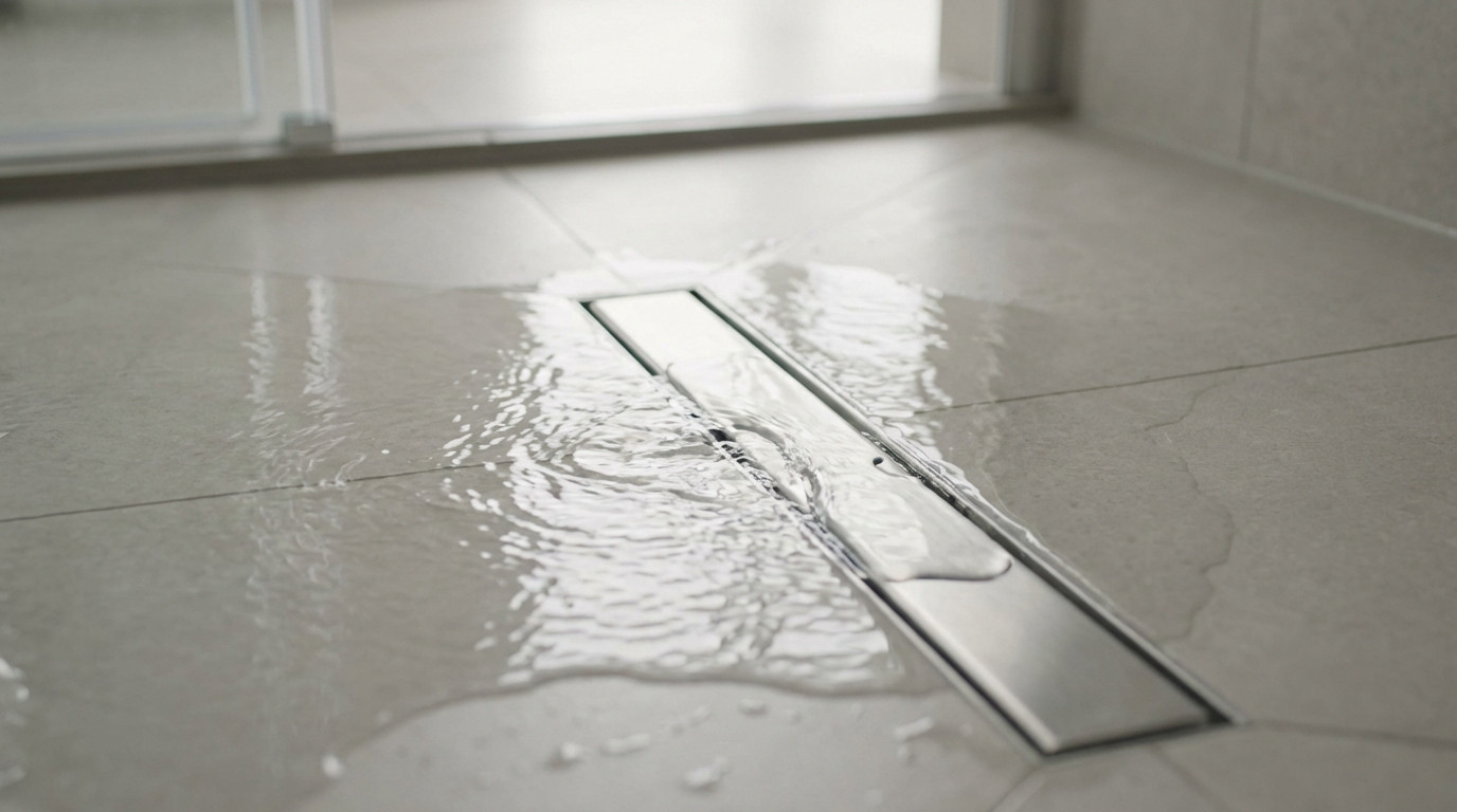 Close-up of a modern shower floor with light grey matte tiles. Water flows smoothly into a central linear stainless steel drain, showing perfect drainage.