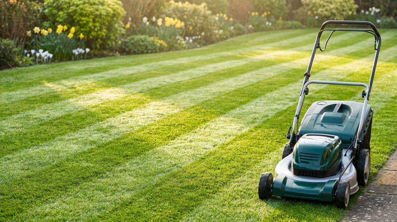A vibrant, striped green lawn with a modern dark green and silver lawnmower on the right. Blurred background shows spring flowers and shrubs under warm light.