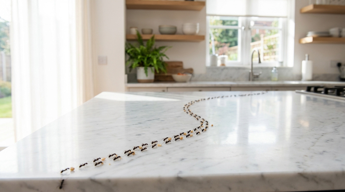 A distinct trail of black ants meticulously crawls across a pristine white marble kitchen countertop, with a blurred modern kitchen background.