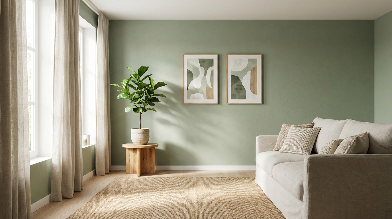 Serene modern living room with sage green walls, light sofa, wood table, houseplant, and abstract art, bathed in soft natural light.