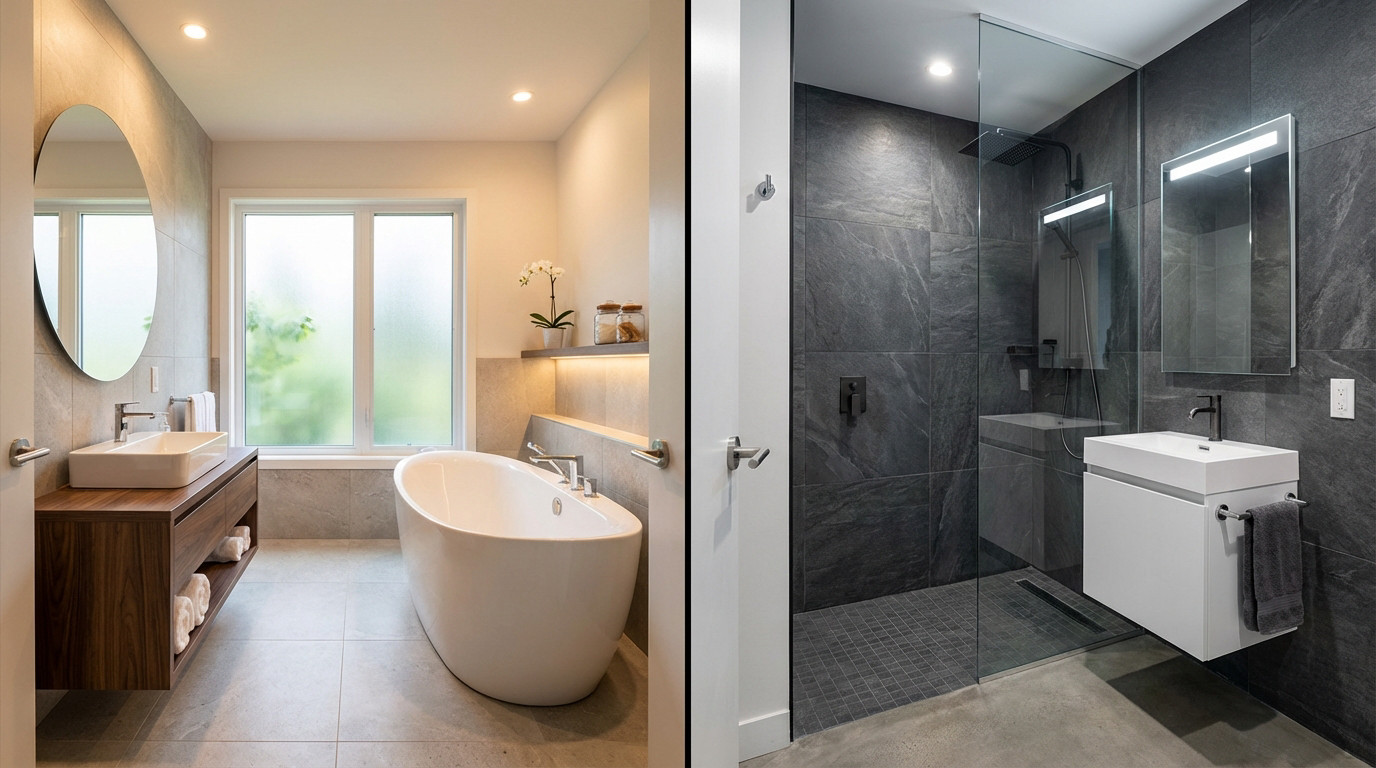 Split image showing a luxurious 'salle de bain' with a freestanding tub on left and a sleek 'salle d'eau' with a walk-in shower on right.