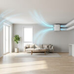 Modern interior with VMC ventilation. Single-flow air extraction (left) and double-flow system with ducts (right). Blue arrows show air movement.