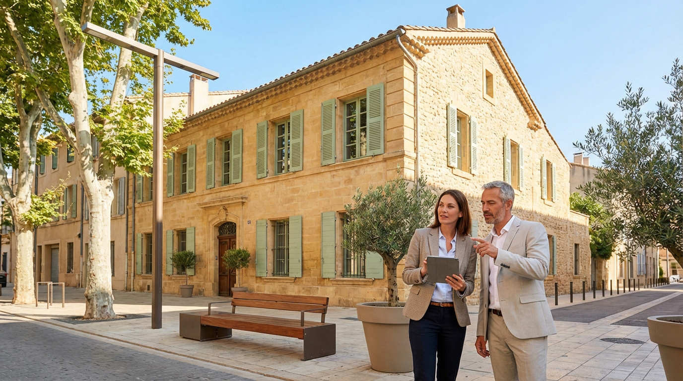 Deux personnes, un homme et une femme, discutent d'un projet immobilier devant une maison provençale à Aix, la femme tient une tablette.