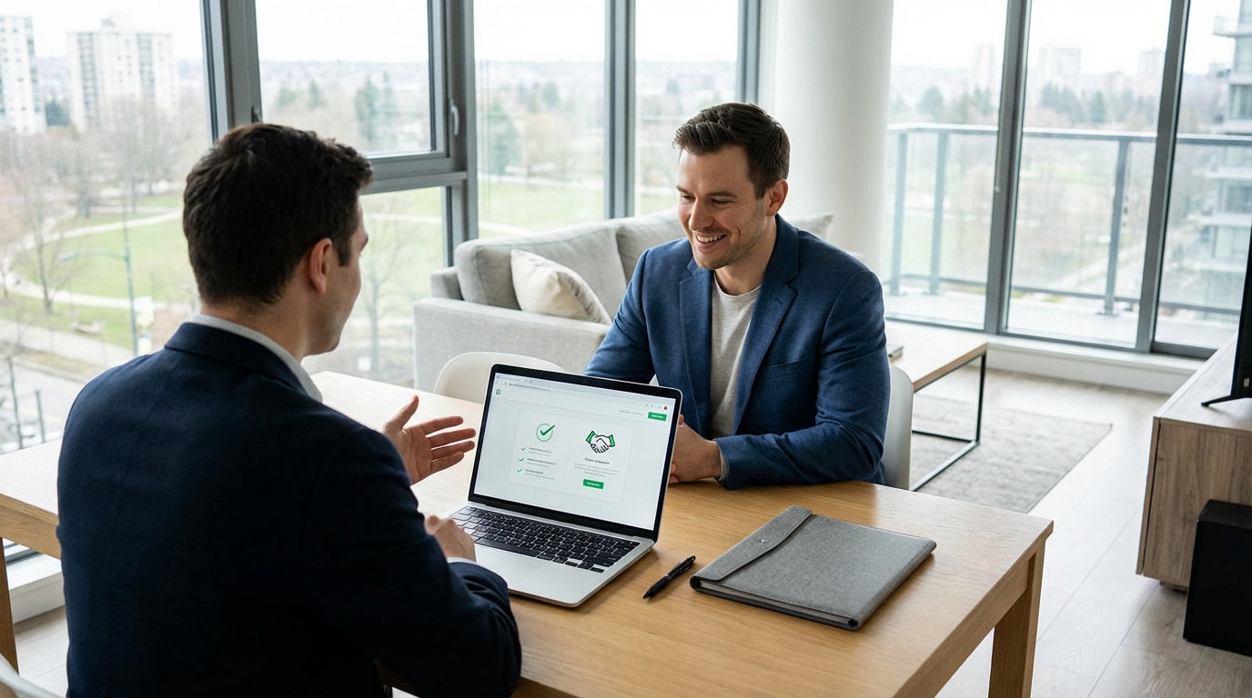 Deux hommes souriants discutent un accord sur un ordinateur portable affichant une validation. Scène de rencontre professionnelle réussie.