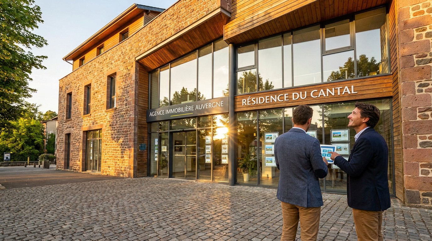 Deux hommes devant l'Agence Immobilière Auvergne, bâtiment moderne en pierre et bois, consultant des annonces au soleil couchant.