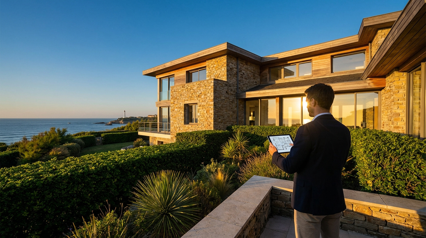 Agent immobilier devant une villa moderne luxueuse en pierre et bois, vue sur l'océan et le phare de Biarritz au coucher du soleil. Il tient une tablette montrant un plan.