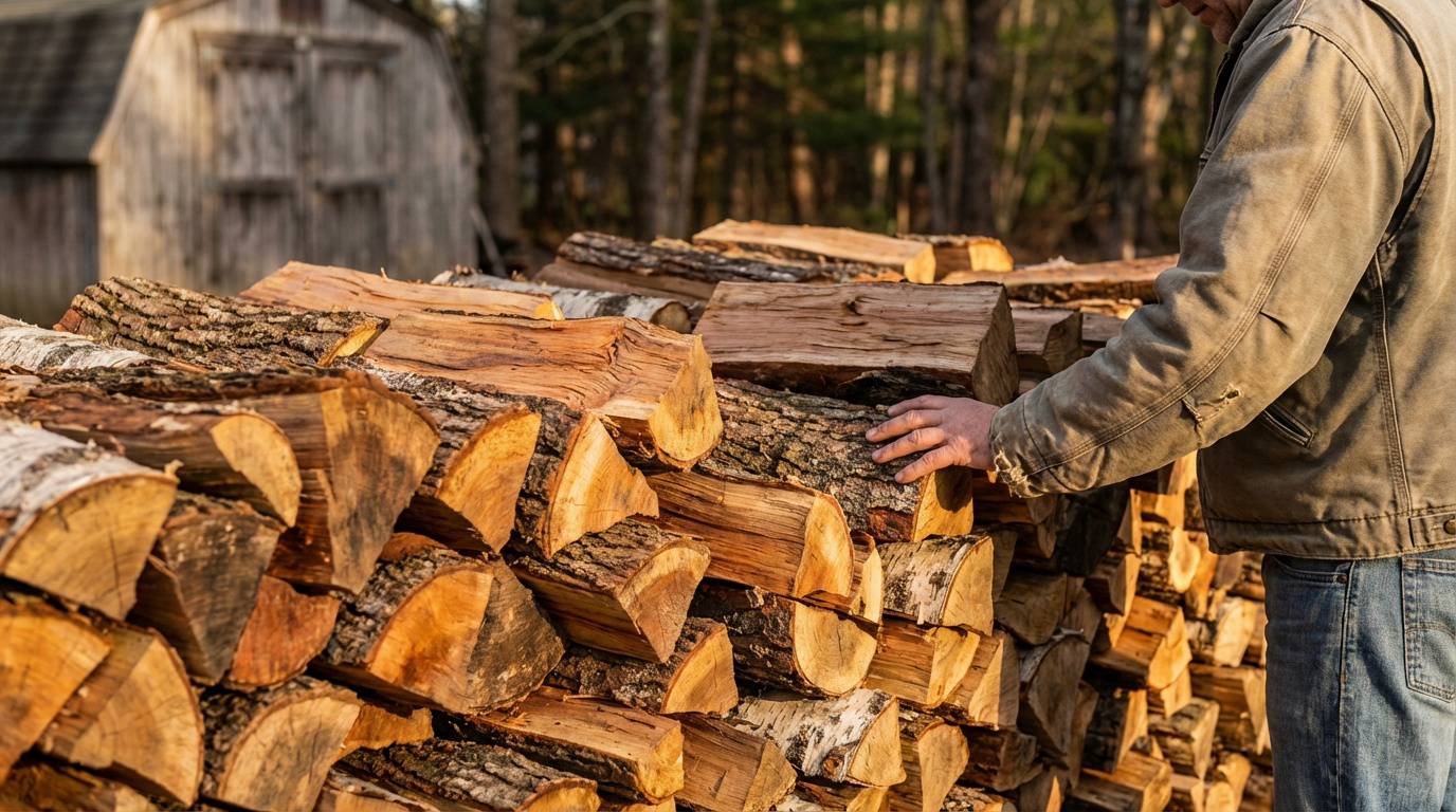 Main d'une personne sur une pile de bûches de bois de chauffage, devant un hangar en bois et une forêt.