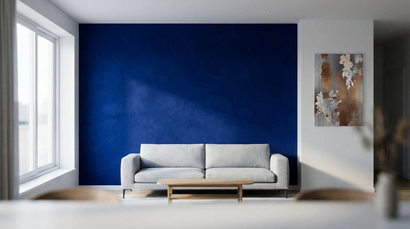 Un salon moderne avec un grand mur bleu Klein texturé, un canapé gris clair, une table en bois et une fenêtre lumineuse.