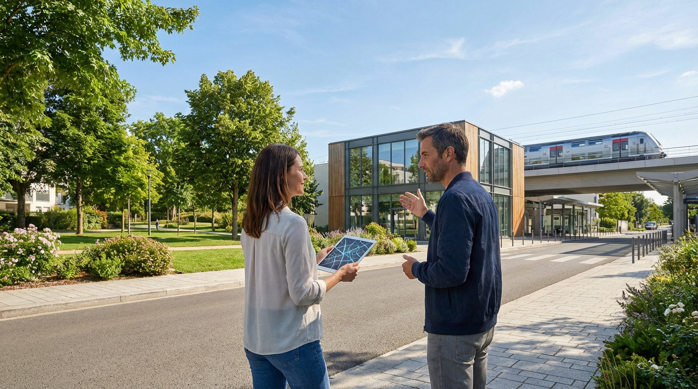 Deux personnes discutent en plein air. La femme tient une tablette, un homme gesticule. Bâtiment moderne et train sur viaduc.