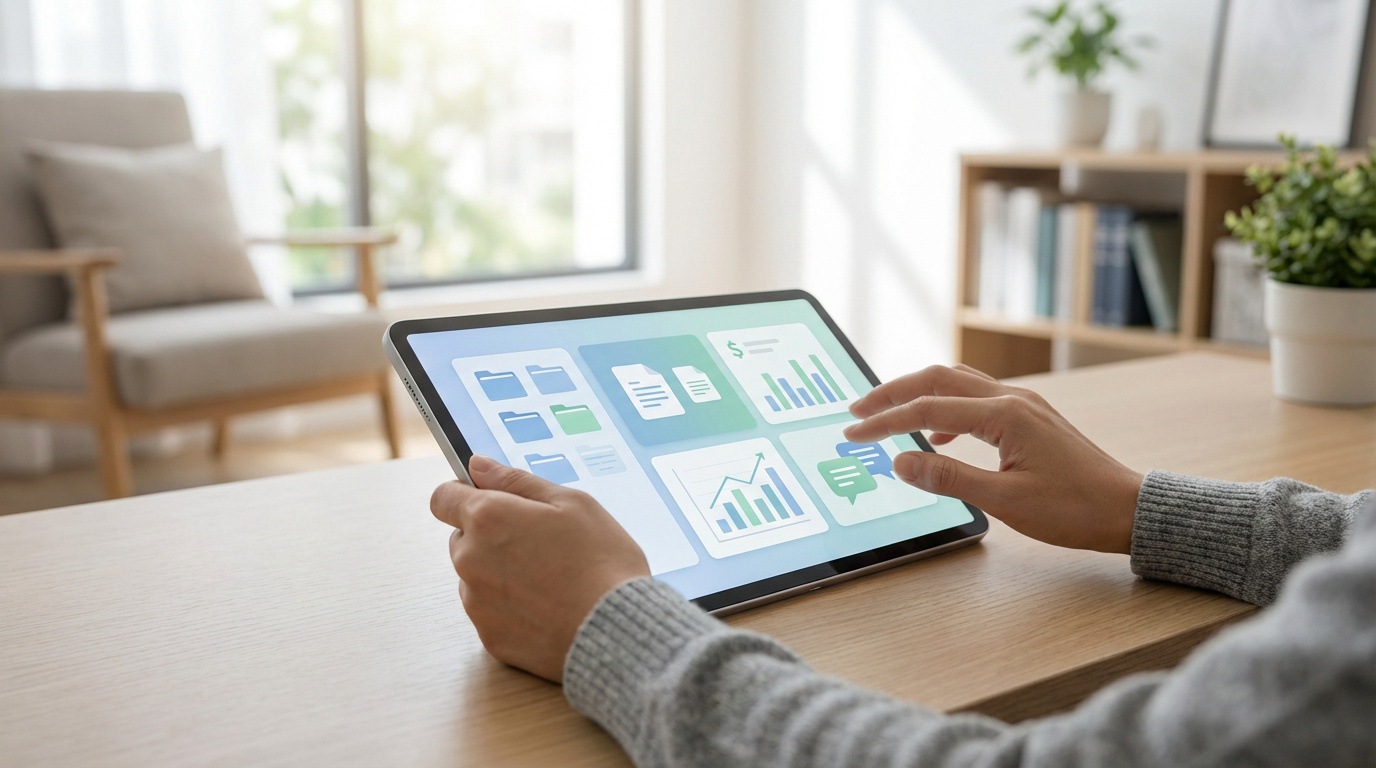 Mains naviguant sur une tablette affichant une interface extranet avec des icônes de dossiers, documents, graphiques et chat.