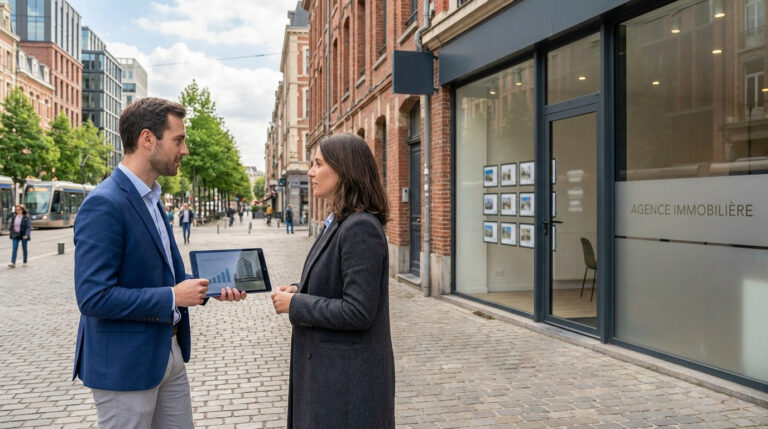 Deux personnes échangent devant une agence immobilière à Lille. L'homme présente des graphiques sur une tablette.