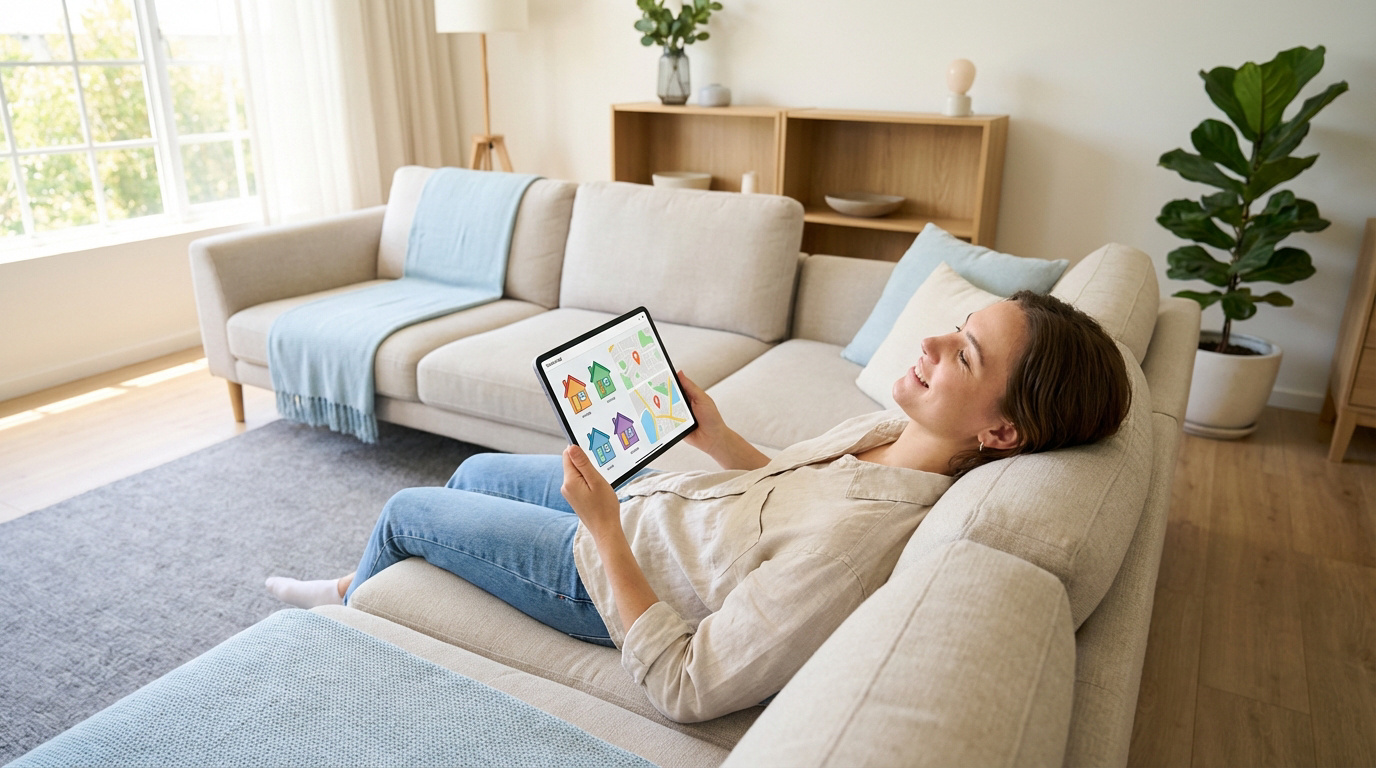 Une femme souriante allongée sur un canapé clair consulte une application de recherche immobilière sur sa tablette dans un salon lumineux.