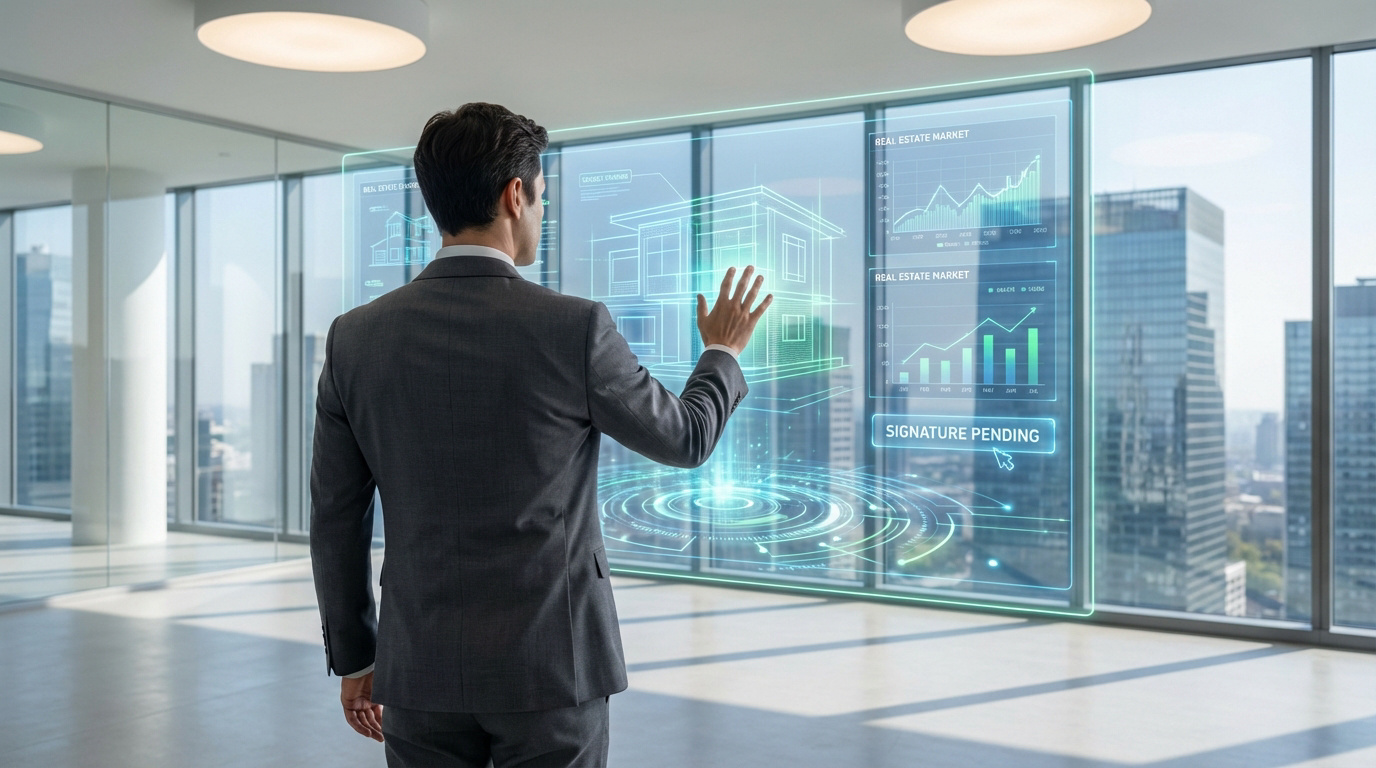 Homme en costume interagit avec interface holographique immobilière (plan de maison, graphiques) dans bureau moderne avec vue sur ville.