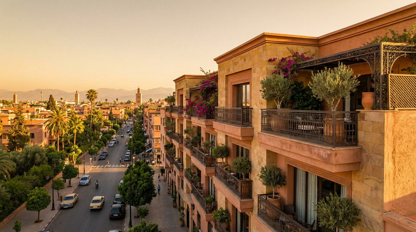 Vue aérienne de Marrakech au coucher du soleil : bâtiments ocre, balcons fleuris, palmiers, rue animée et minarets au loin.