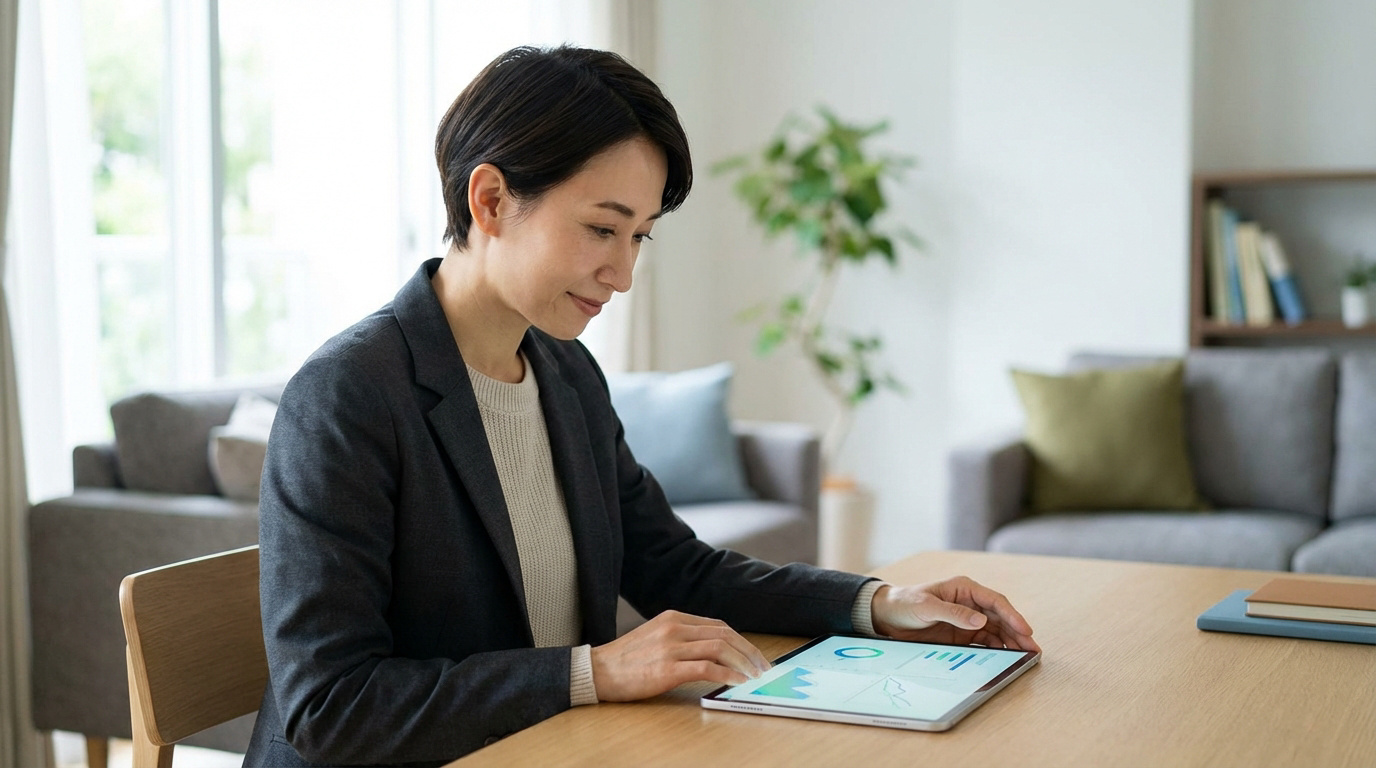 Femme souriante naviguant sur une tablette affichant des graphiques. Elle gère probablement son compte personnel dans un intérieur lumineux.
