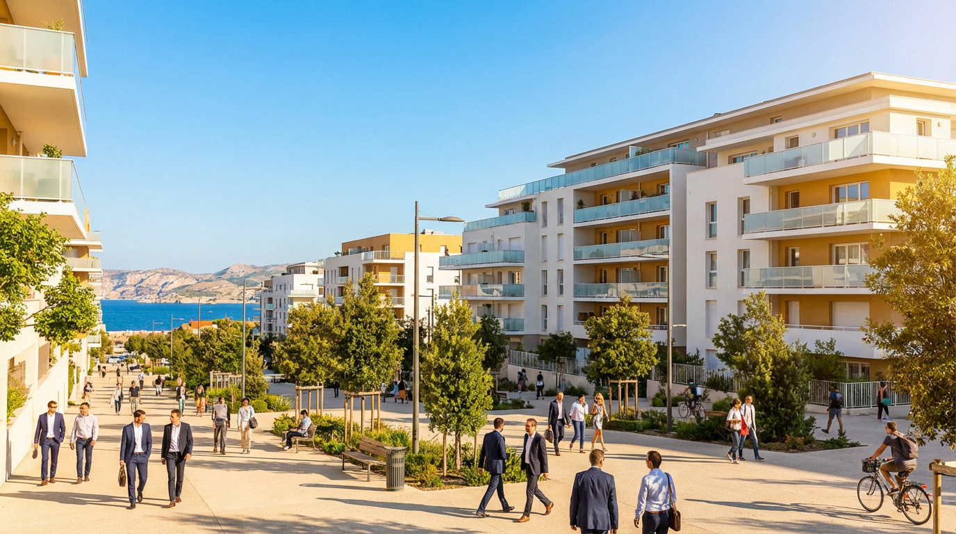 Quartier moderne ensoleillé de Marseille avec immeubles résidentiels, promenade, arbres, et vue sur la mer et les collines lointaines.