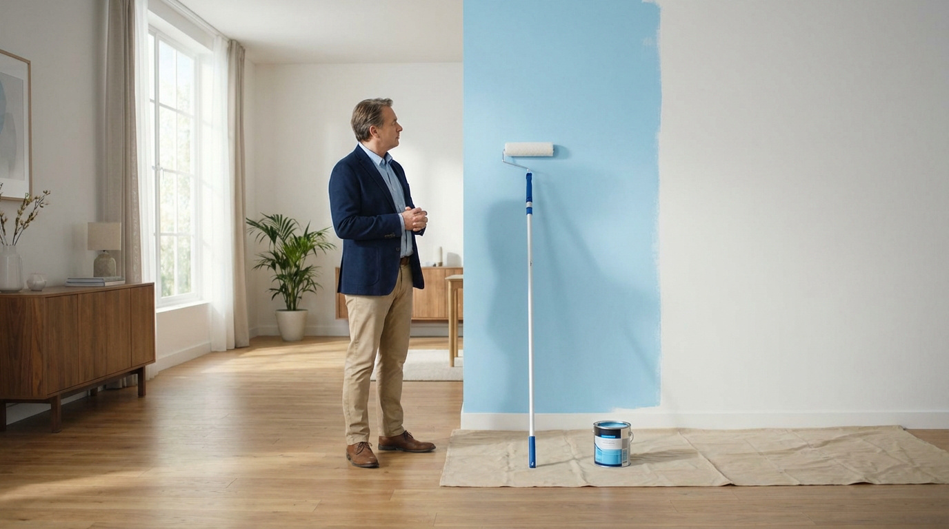 Un homme observe un mur divisé entre une section peinte en bleu et une section blanche, avec rouleau et pot de peinture au sol.