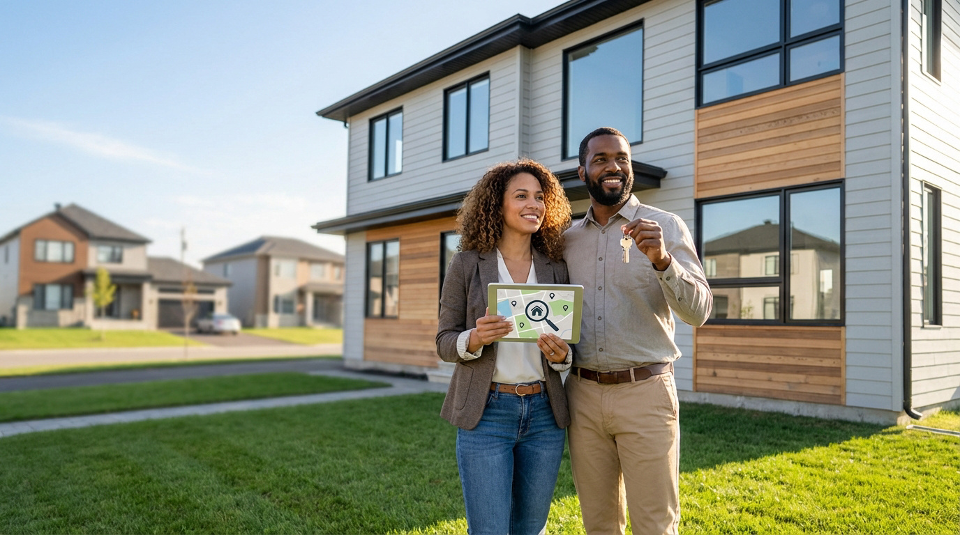 Couple souriant devant leur nouvelle maison moderne. L'homme tient les clés, la femme une tablette de recherche immobilière.