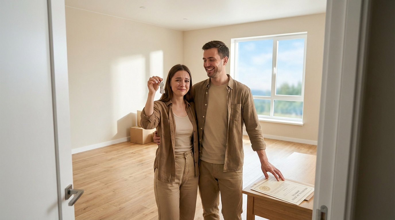 Couple souriant dans leur nouvelle maison vide, la femme tenant des clés et pleurant de joie, le mari la serrant.