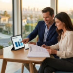 Homme et femme examinant des ratios financiers sur une tablette et un contrat de prêt immobilier, symbolisant la planification future.