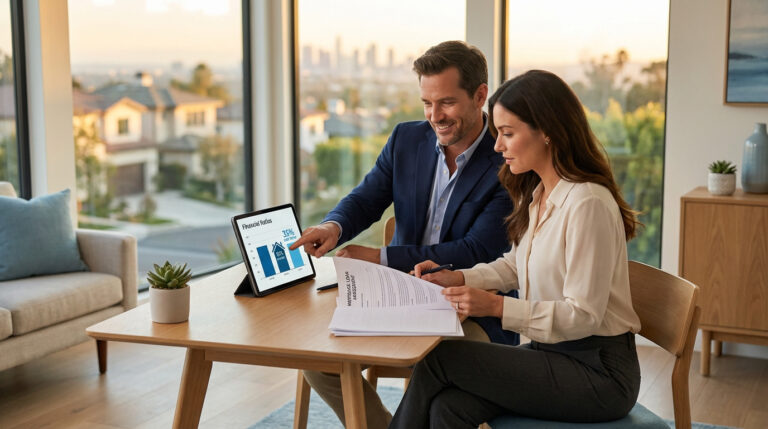 Homme et femme examinant des ratios financiers sur une tablette et un contrat de prêt immobilier, symbolisant la planification future.