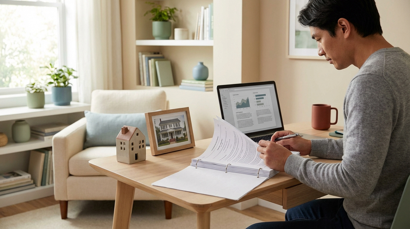 Homme révisant des documents importants pour une vente immobilière au Québec, avec un ordinateur et une photo de maison.