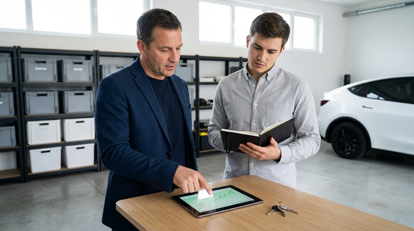 Deux hommes examinent des données sur une tablette dans un garage rangé, discutant probablement d'une location. Des clés sont posées.