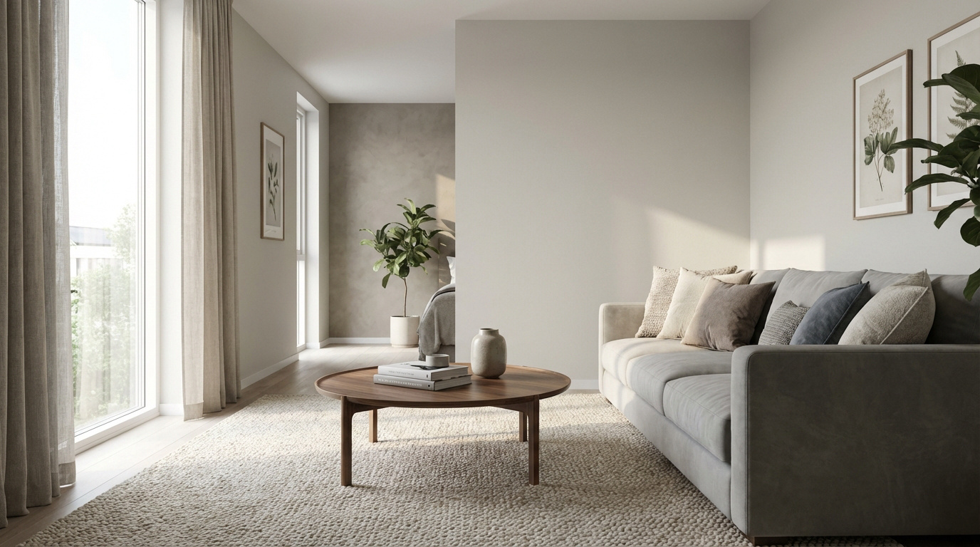 Salon lumineux et moderne avec murs greige, canapé gris, table basse en bois et grandes fenêtres. Ambiance calme.