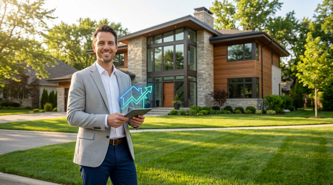 Jeune homme souriant tenant une tablette avec projection d'icône maison et graphique de croissance, devant une villa moderne.