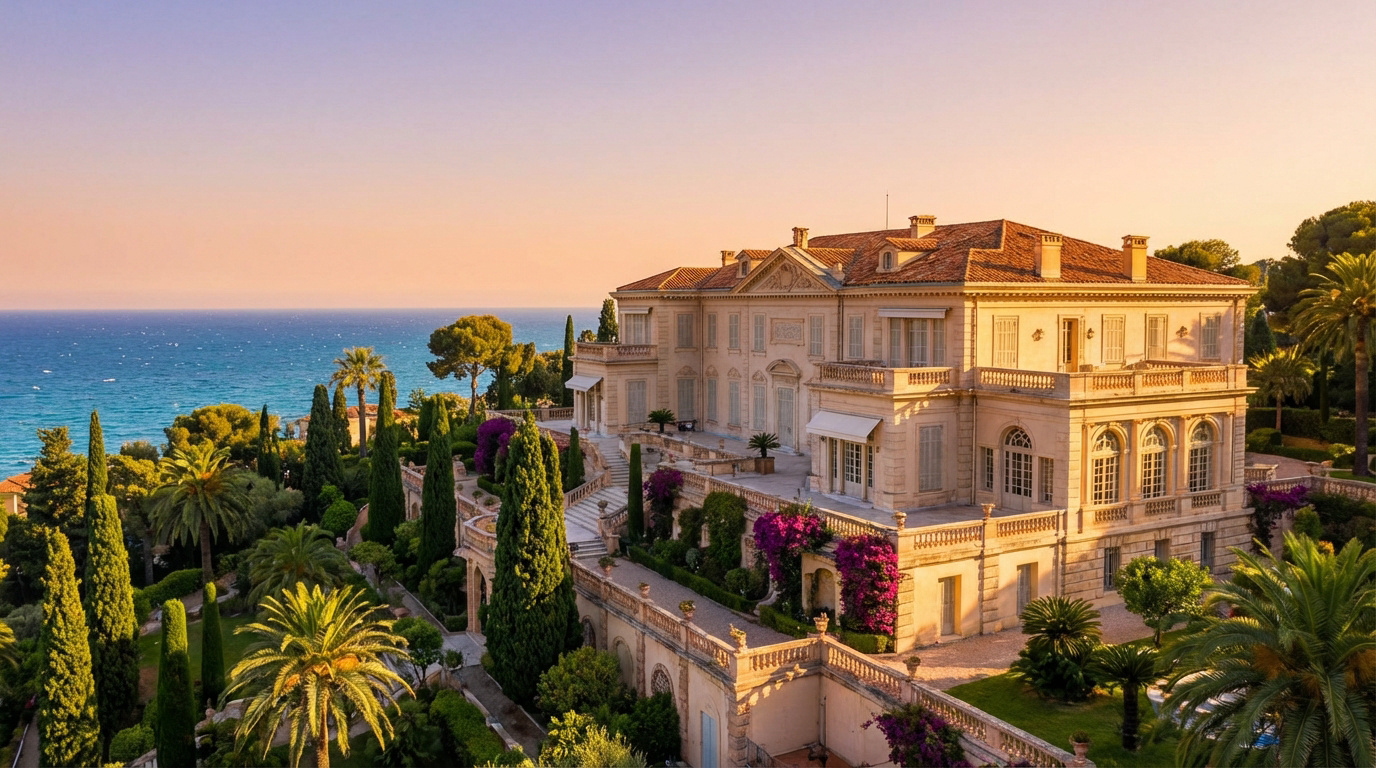 Vue aérienne de la Villa Léopolda, grande demeure méditerranéenne avec jardins en terrasses luxuriants surplombant la mer au coucher du soleil.