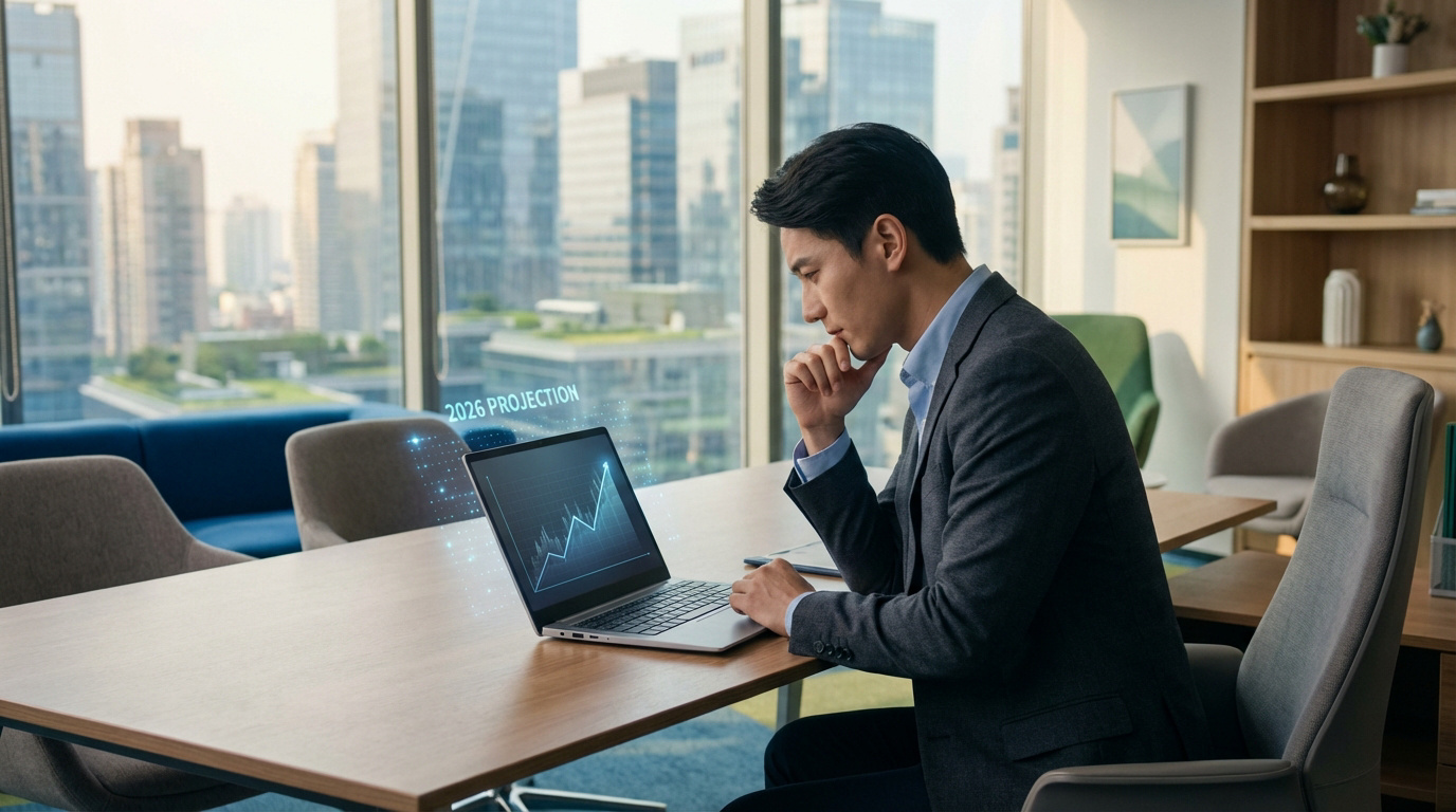 Un homme en costume analyse un graphique de croissance sur un ordinateur portable, avec la projection 2026 visible dans un bureau moderne surplombant une ville.