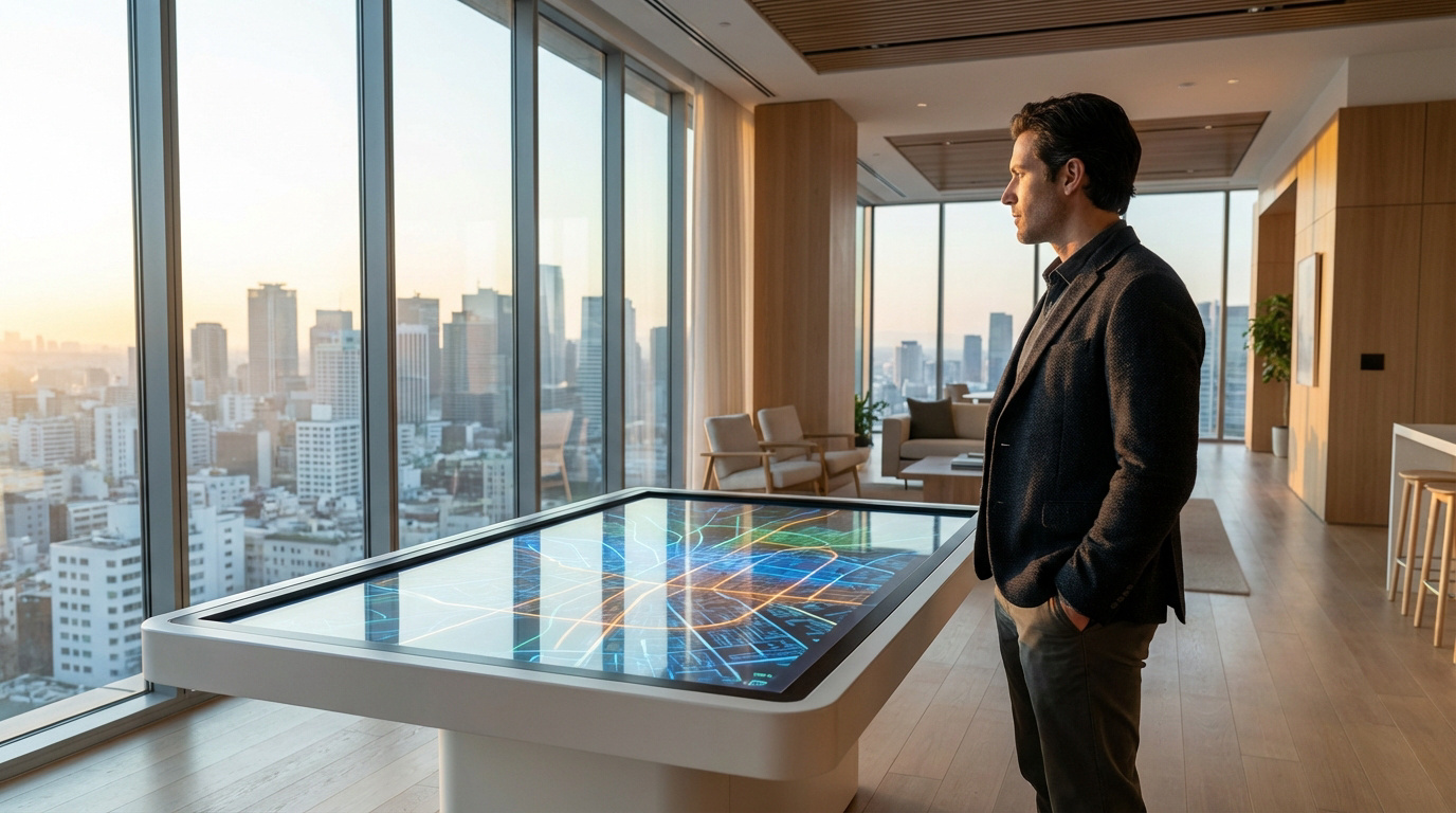 Homme contemplant une ville depuis un bureau moderne, avec une carte interactive lumineuse affichant des données.